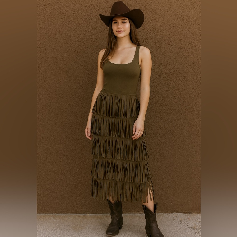 Endless Rose Dark Olive Fringe Midi Dress